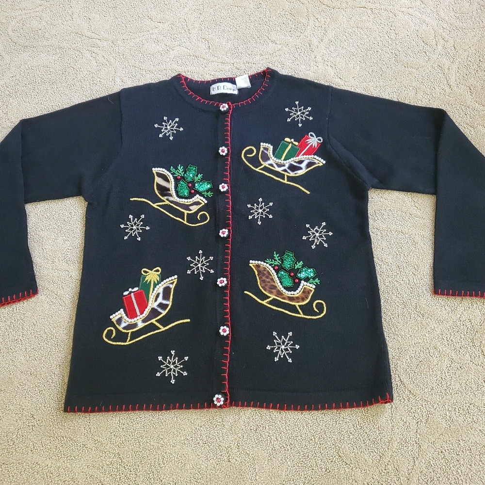 Vintage Christmas Cardigan Sweater Sequins Bling Sleighs Gifts Snowflake Novelty